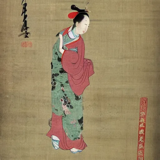 Prompt: the Chinese ancient painting of a lady carrying her birthday balloons in Tang Dynasty , by Han Xizai