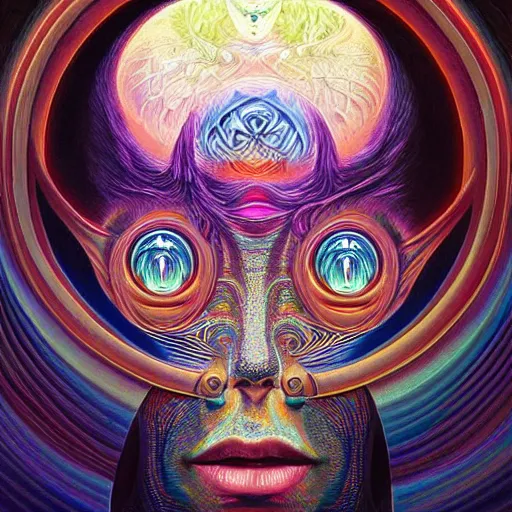 Prompt: the sacred dmt king by alex grey by GEOGLYPHIKS by FABIÁN JIMÉNEZ by MICHAEL DIVINE by AMANDA SAGE in the style of oil painting visionary art, intricate artwork by Tooth Wu and wlop and beeple. , trending on artstation, greg rutkowski very coherent symmetrical artwork, oil painting