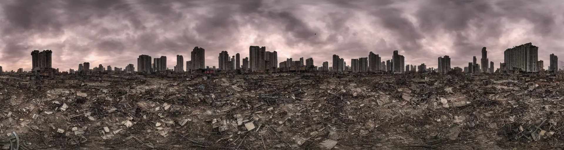 Prompt: A panorama of an ruined high-tech city, there are sparse signs of human activity. Day break. Dramatic sky. 4K.