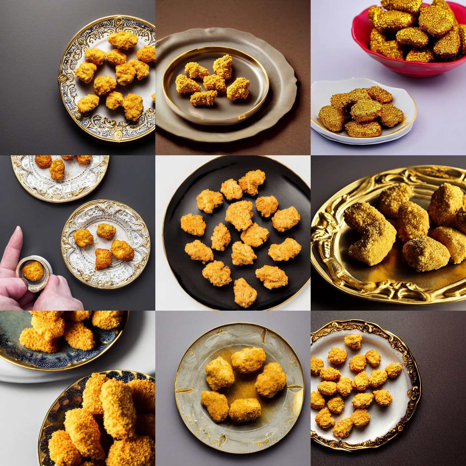Prompt: A plate of ornate, detailed, solid gold chicken nuggets, studio lighting