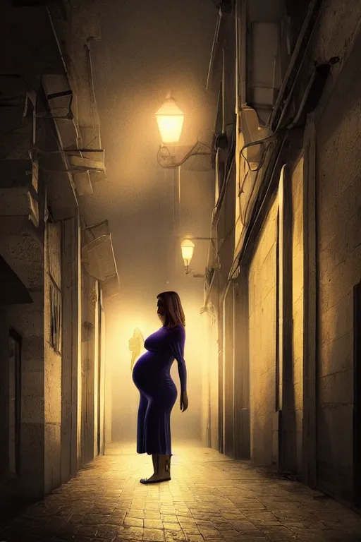 Image similar to pregnant woman under street light, highly detailed, sharp focused, ultra realistic digital concept art by gre