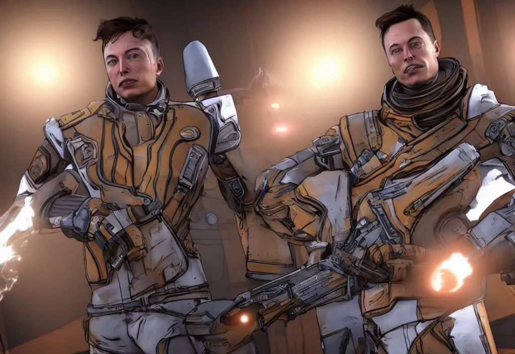 Image similar to elon musk in borderlands elon musk in the video game borderlands, gameplay screenshot, close up, 3 d rendering. unreal engine. amazing likeness. very detailed.