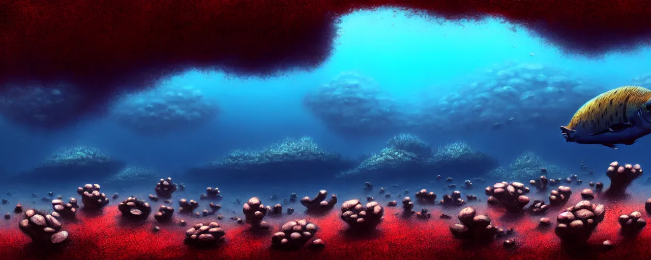 Image similar to A gorgeous detailed oil of a dark red sea covered in big blue steep rocks, a school of piranhas underwater, the further away the mistier it gets, surreal, concept art, dark aesthetic, atmospheric, moody, hyperrealism, highly detailed, masterpiece, award winning, 4k, unreal engine