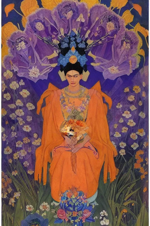 Image similar to queen of flowers, by Nicholas Roerich and Annie Swynnerton and Frida Kahlo, dramatic cinematic lighting , ornate headdress , flowing robes, sacred artifacts, lost civilizations, smooth, sharp focus, extremely detailed