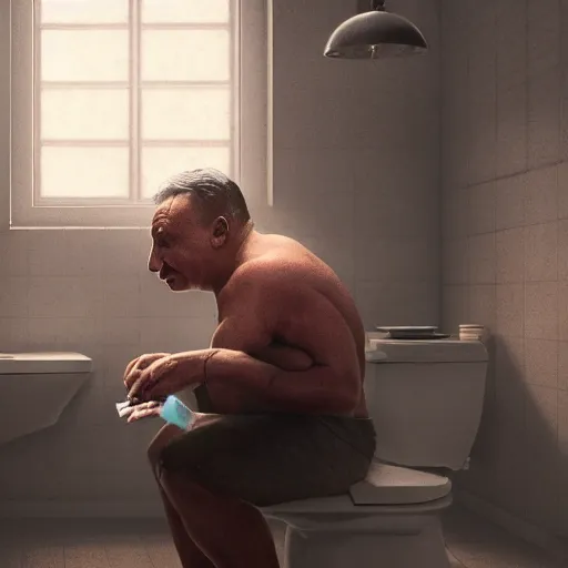 Prompt: viktor orban with realistic face sitting on the toilet and eating bacon by greg rutkowski, highly detailed, octane render, 4 k, 8 k, hdr, cgsociety, amazing lightning, masterpiece