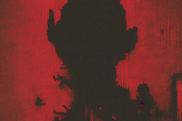 Prompt: cctv of an extremely dark empty room with evil horror humanoid cryptid monster made out of static, dark deep black shadows, crimson red and black color contrast in the style of trevor henderson and james ensor goya, liminal space, 3 d render, glitch effect
