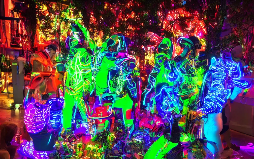 Image similar to love, diverse neon cybersuits, from behind, wide wide angle, vivid, elaborate, highly detailed, beautiful lighting