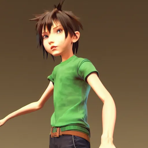 Image similar to a brown haired green eyes boy in a dynamic pose. character design. gesture drawing. line of action. official art, unreal engine 5, unreal engine. tetsuya nomura. medium shot. ray tracing hdr. 8 k. uhd. sharp focus. highly detailed. masterpiece. anime render. cinematic lighting. lifelike. symmetrical face. beautiful face