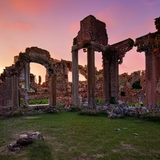 Image similar to a photo of the ruines of a geek temple during sunset on an island, 5 0 mm lens, f 1. 4, sharp focus, ethereal, emotionally evoking, head in focus, volumetric lighting, blur dreamy outdoor,