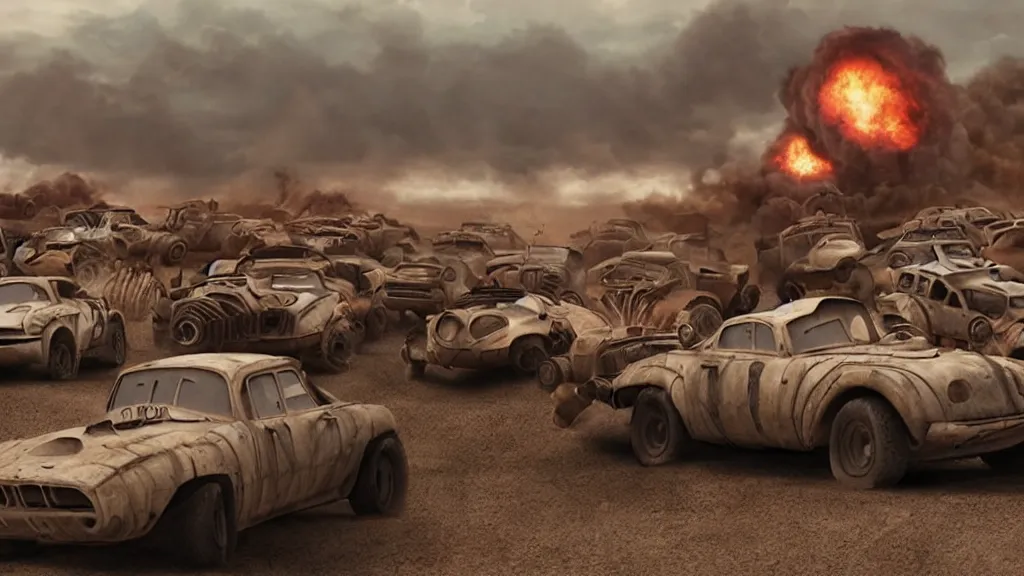 Image similar to pixar cars in mad max fury road, cartoon eyes, war boys, furiosa, explosions, imax