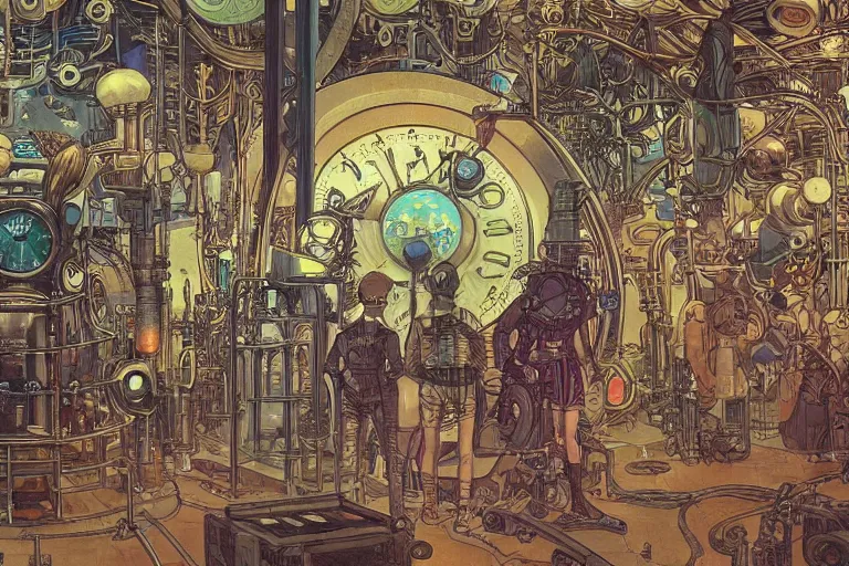 Image similar to close up view on steampunk lab with big vapor tubes and alchemy equipment, mad scientist working, giant video screens, sci - fi vending machine, clock, retrofuturism, concept art by mucha and moebius and victo ngai, clean line, diesel punk