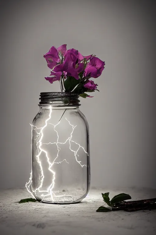 Prompt: jar of lightning studio photography