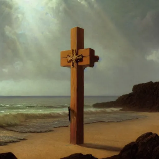 Prompt: a highly detailed portrait of a large cross standing on the beach as a storm comes in with the tide, a beautiful blonde woman sitting in the sand watching the ocean, epic fantasy, god rays, rocky beach, aerial photography, volumetric lighting, octane render, exquisite detail, 8 k, art by norman rockwell and albert bierstadt and alphonse mucha
