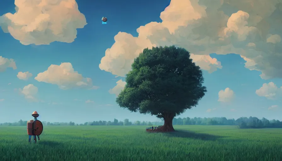 Image similar to floating hexagon in the sky, wheat field harvesting, big tree, person, matte painting, art station, blue sky, simon stalenhag