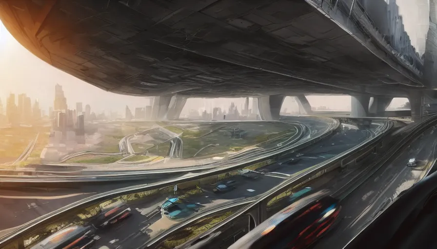 Prompt: car view of a highway through buildings in the future, hyperdetailed, artstation, cgsociety, 8 k