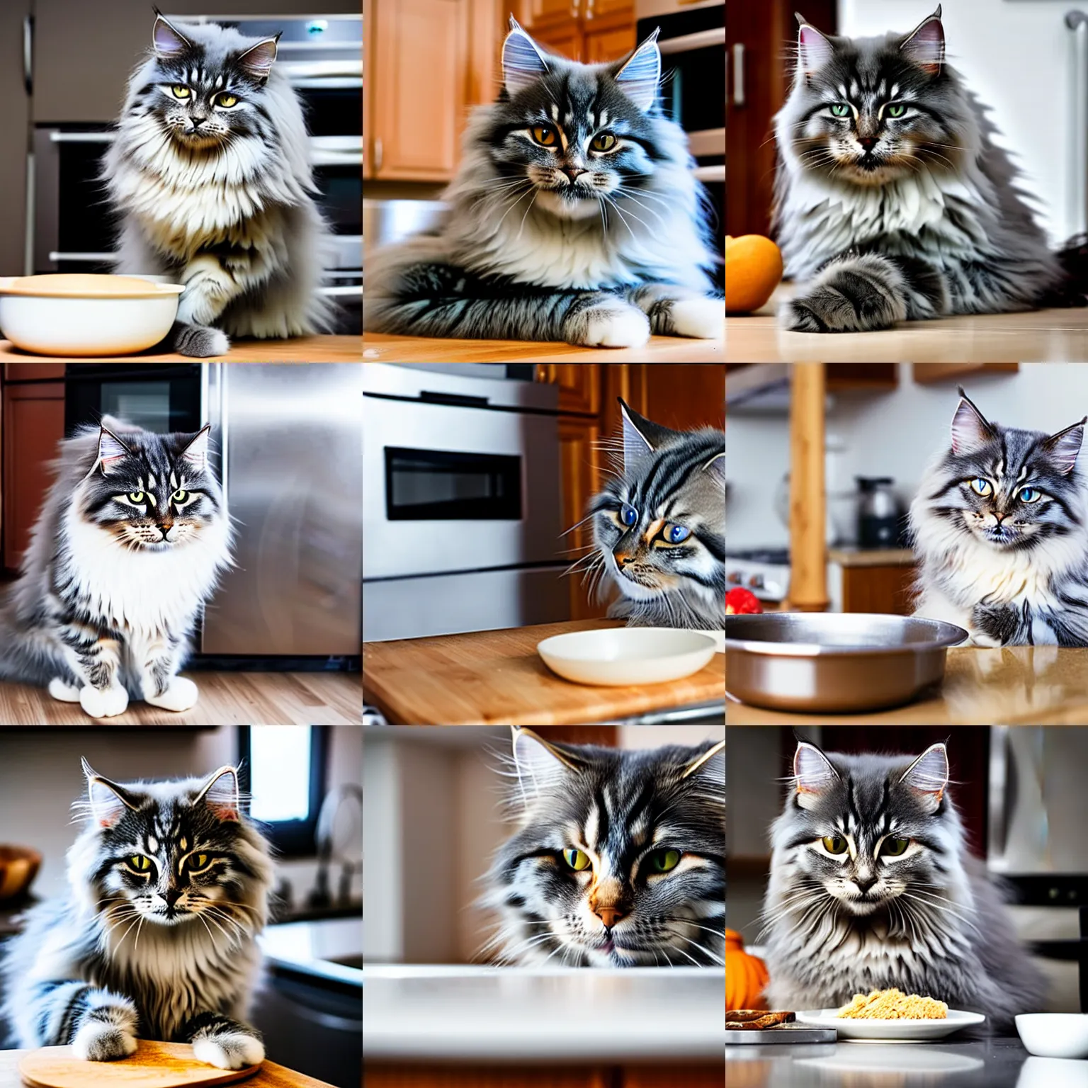 Prompt: gray Siberian cat making biscuits in a kitchen