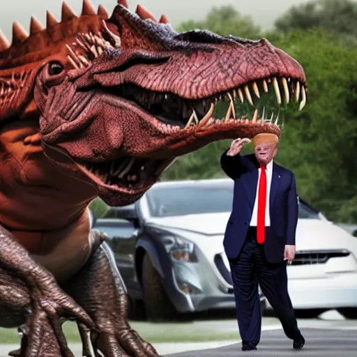 Prompt: Real professional photograph of Donald Trump riding a T-Rex
