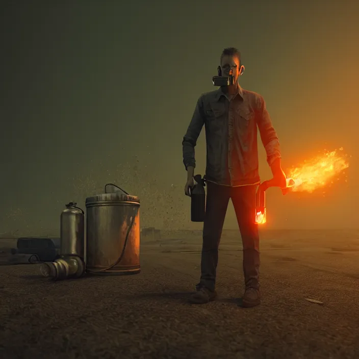 apocalyptic man drinking from gas can, octane render, | Stable Diffusion