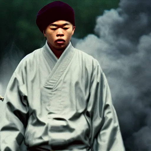 Image similar to cinematic film still of rapper JID starring as a Japanese Sensei with fire, Japanese CGI, VFX, 2003, 40mm lens, shallow depth of field, film photography