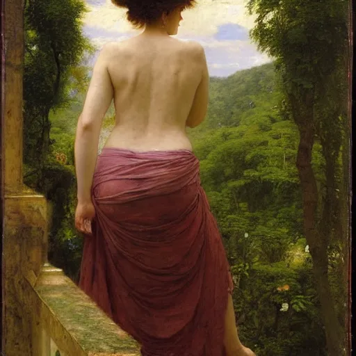 Prompt: a renaissance oil painting by alma tadema of a woman turned back on a stone balcony covered in moss with over shoulder view on a jungle, colourful pastel, detailed academic bouguereau, sharp focus