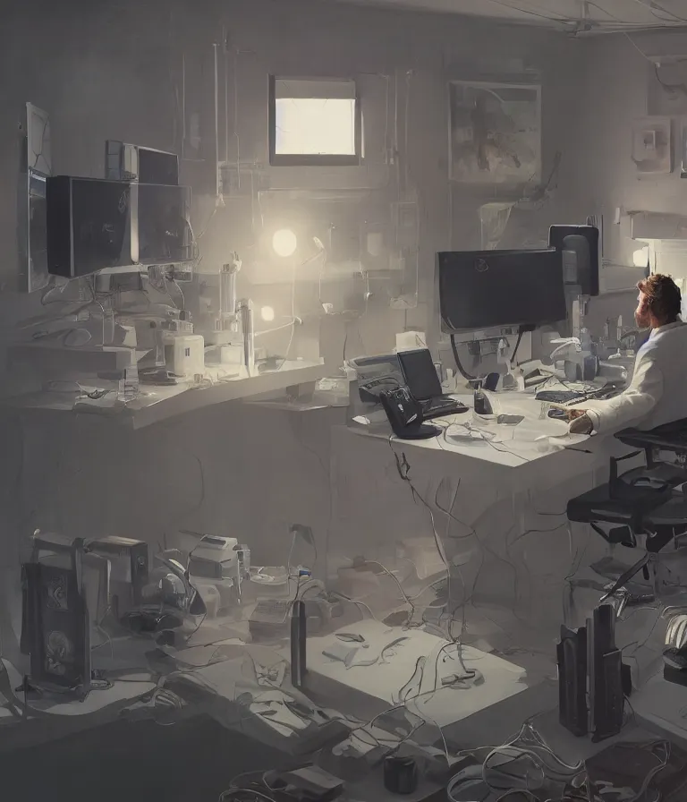 Prompt: a cloes up portrait of a researcher in a white coat in front of a computer and screens in a painting from stalenhag, 4 k, 8 k, hdr, artstation