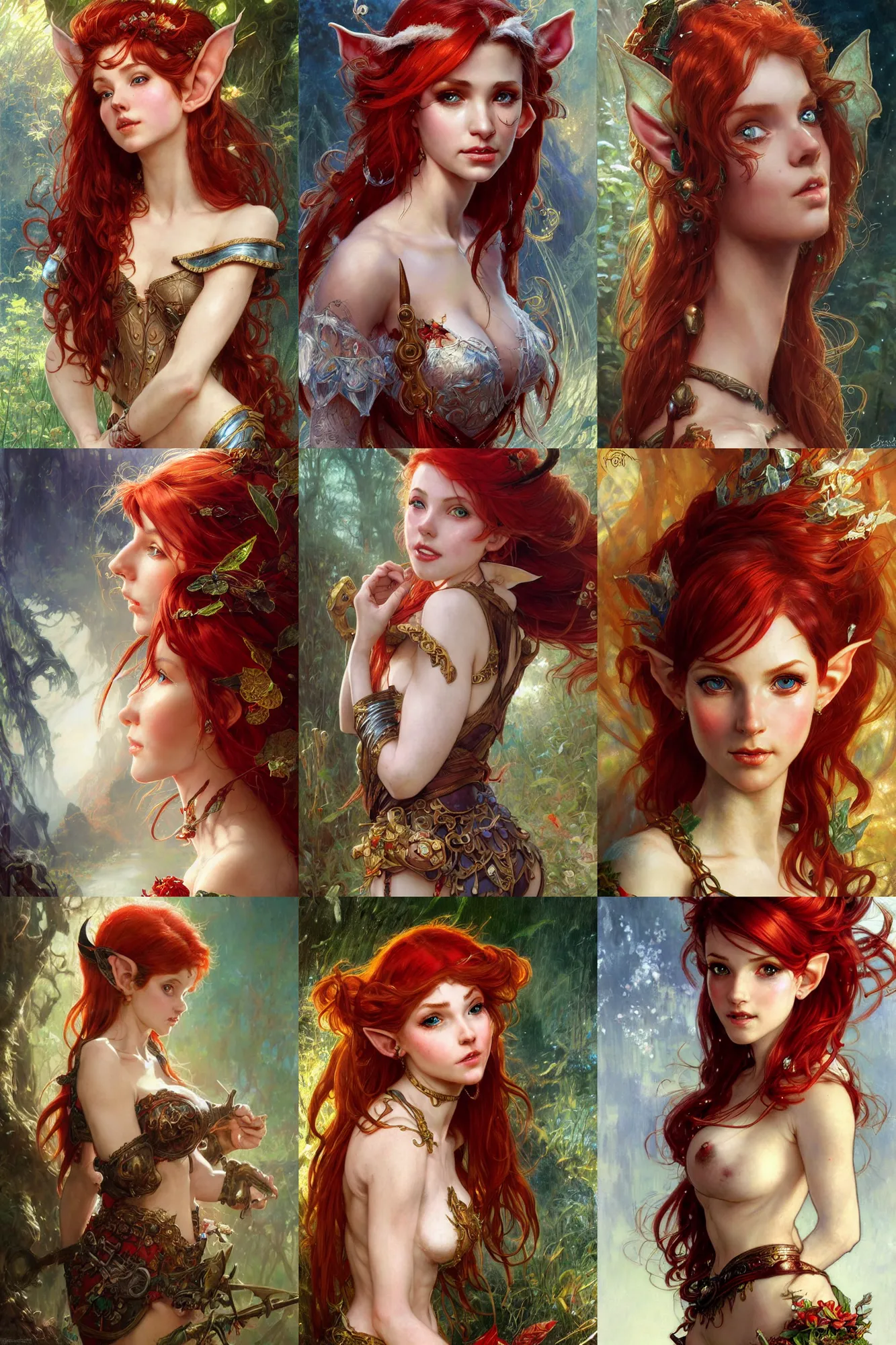 Prompt: alluring highly detailed close-up portrait of beautiful elf girl with red hair wearing a fantasy outfit, very detailed, realistic, by Frank Zappa, by Stanley Artgerm Lau, greg rutkowski, thomas kindkade, alphonse mucha, loish, norman rockwell J.