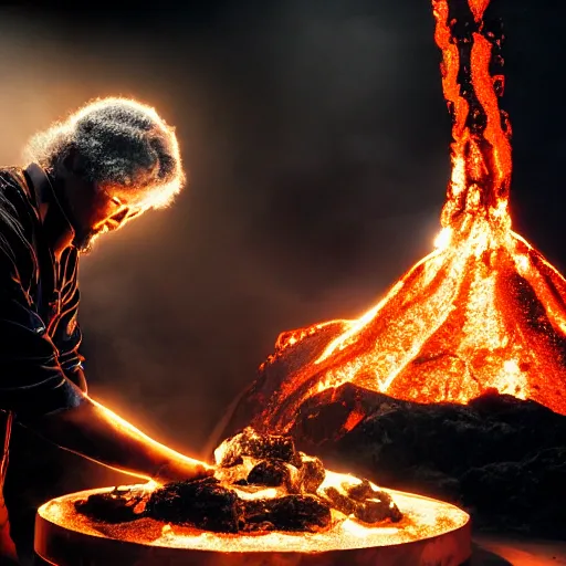 Prompt: God of forging and fire hephaistus creating the first artificial neural network in his volcanic laboratory, cinematic lighting, dark background, 50mm leica noctilux