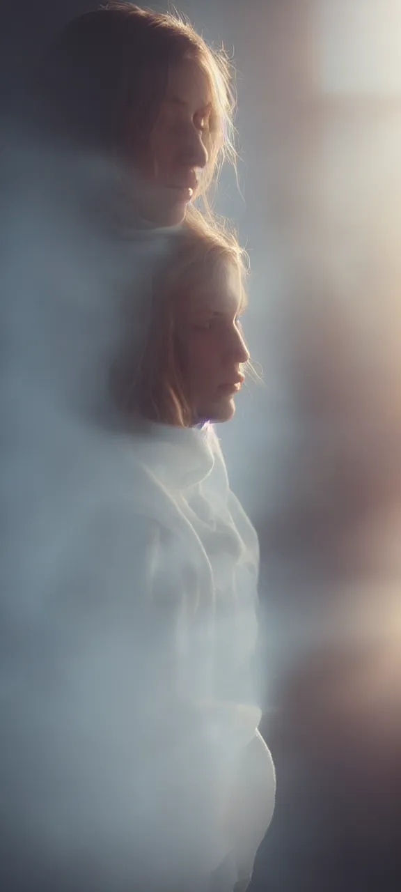 Image similar to very very beautiful photograph of emily skinner looking like annie leonhart in a hoodie standing next to a window god rays shining on her from the sunlight, sharp focus, volumetric fog, smoke, depth of field, beautiful composition, very very very beautifull face, on artstation and instagram, ray tracing