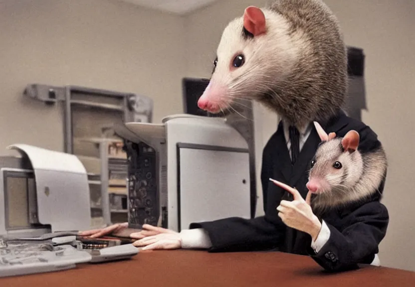 Prompt: possum dressed as an office worker, working on a desktop computer, in a 1980s office, old photo, colorized, trending on Artstation, award-winning