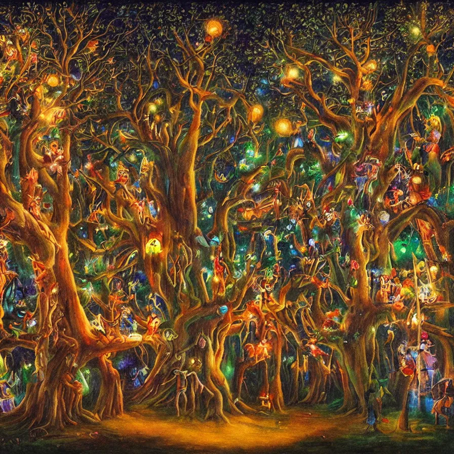 Image similar to a night carnival around a magical tree cavity, with a surreal orange moonlight and fireworks in the background, next to a lake with iridiscent water, christmas lights, folklore animals and people disguised as fantastic creatures in a magical forest by summer night, masterpiece painted by karl briulov, dark night environment