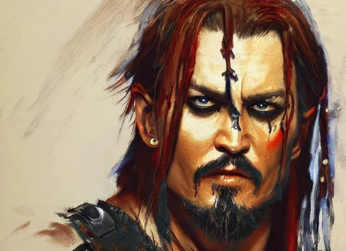 Image similar to a highly detailed beautiful portrait of johny depp as kratos, by gregory manchess, james gurney, james jean