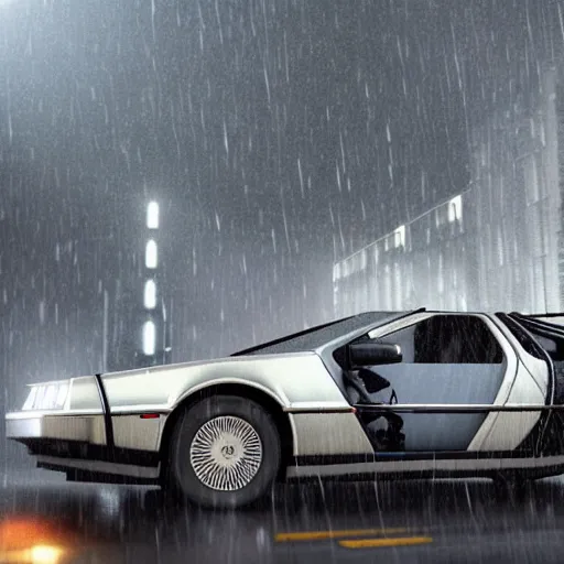 Image similar to hyperdetailed, photorealistic photograph of a dmc 1 2 delorean driving in the streets, rain, night, dense fog, hd, unreal engine 5