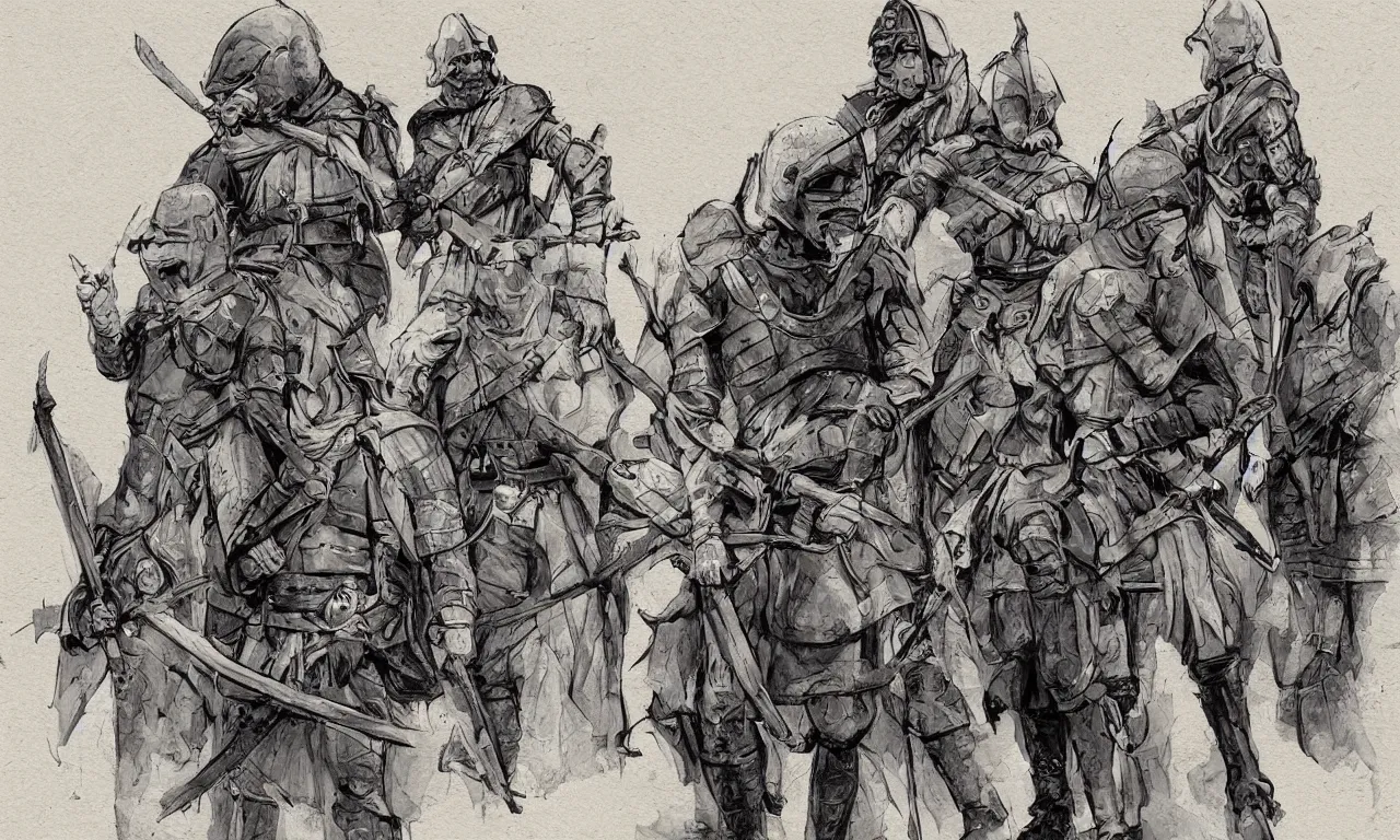 Image similar to medieval soldiers, in line, blue flagg, digital art, illustration, fantasy, sketch, dark