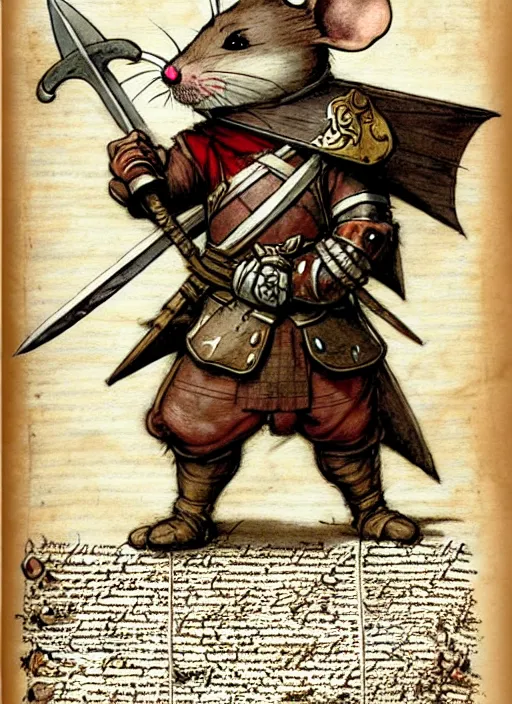 Image similar to a heroic mouse knight with sword and shield on a parchment background, redwall, jean baptiste monge, detailed, epic fantasy concept art