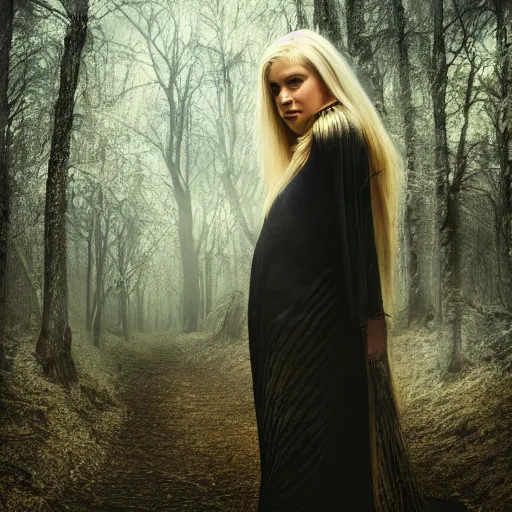 Image similar to very pretty blond female angel with huge dragon wings in a dark forest, perfect symmetrical face, shallow depth of field, moody lighting, single point of light, 8 k, cultural realistic, in the style of martina fackova,