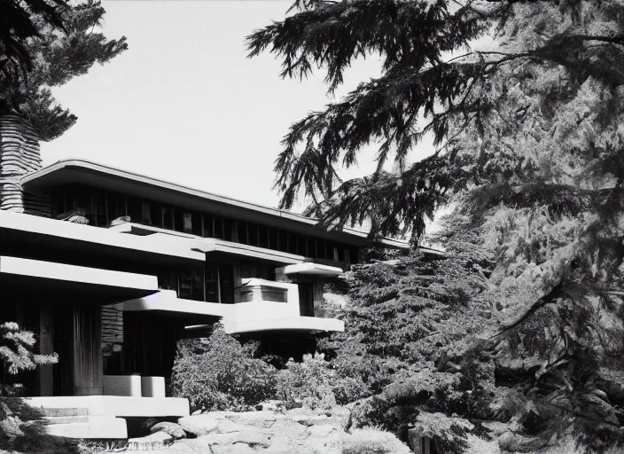 Image similar to photograph of a frank lloyd wright house in front of beautiful mountains by ansel adams, 2 0 0 mm, color film camera, pentax