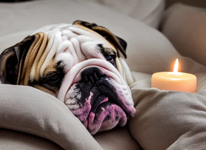 Image similar to a closeup, 4 5 mm, portrait of a sleeping english bulldog in a bed, on a pillow, candle light, 4 5 mm, by franz lanting