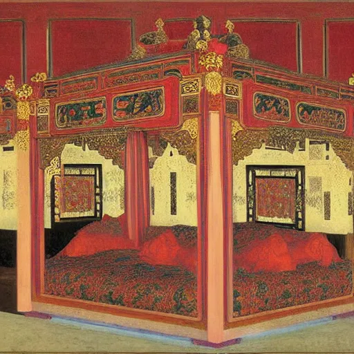 Prompt: the ornate bedchamber of a chinese princess, with screens and silks, by frederic leighton