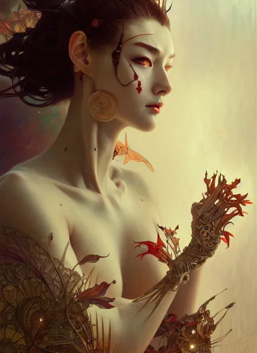 Prompt: organic cyborg, geisha, diffuse lighting, fantasy, intricate, elegant, highly detailed, lifelike, photorealistic, digital painting, artstation, illustration, concept art, smooth, sharp focus, art by John Collier and Albert Aublet and Krenz Cushart and Artem Demura and Alphonse Mucha