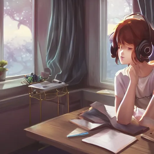 Prompt: attractive!!!!!!!!! girl!!!!!!!!!!!!!, hair in messy bun, wearing headphones, studying at desk, bedroom setting, golden hour, digital art, art by rossdraws, artgerm, anime scenery by Makoto Shinkai