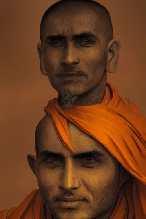 Image similar to hindu monk, close - up portrait, devoted, intricate, elegant, volumetric lighting, scenery, digital painting, highly detailed, artstation, sharp focus, illustration, concept art, ruan jia, steve mccurry