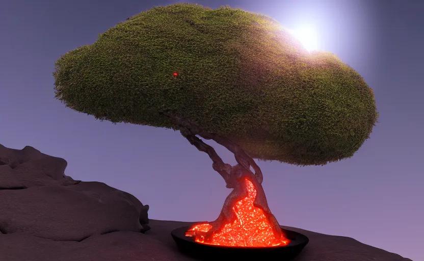 Prompt: photorealistic tree nade of lava. night. lens flare. light fixtures. 8K. detailed. photorealism. artstation. matte painting. 25mm f/1.7 ASPH Lens. ultra realistic