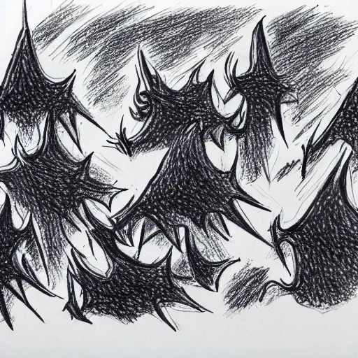 Image similar to very simple ballpoint pen line drawing of a furnace with spiky toothed demons around it, pen on paper simple drawing by a child, no shading