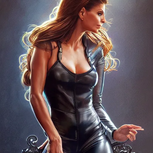 Prompt: portrait of maria menounos wearing a skintight leather jacket!!, intricate, elegant, highly detailed, digital painting, artstation, concept art, smooth, sharp focus, illustration, art by artgerm and greg rutkowski and alphonse mucha, 8 k