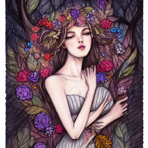 Image similar to a drawing of a beautiful woman dressed in flowers and leaves standing in an enchanted forest, high fantasy, elegant, epic, detailed, intricate, pencil and watercolor, concept art, realistic detailed face, smooth, focus, rim light,