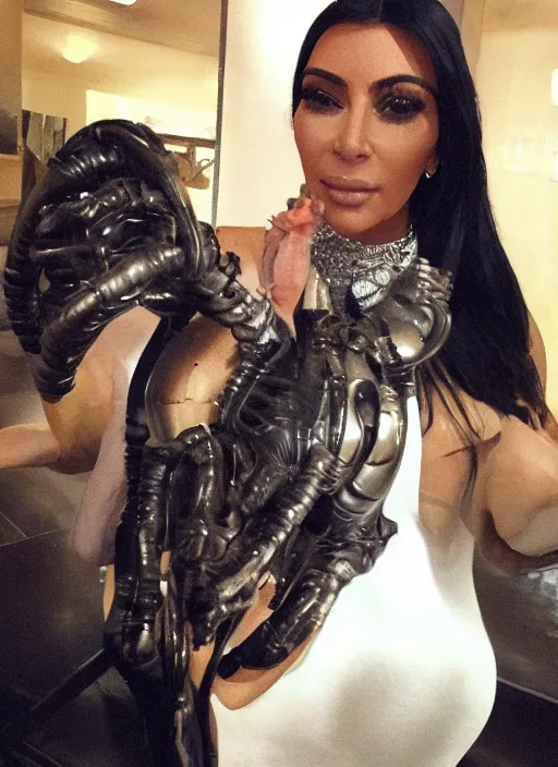 Image similar to photo still full pov of a kim kardashian with a alien facehugger over her face, cinematic full shot.