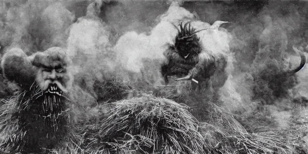 Prompt: 1 9 2 0 s photography of krampus hay monster burning, dolomites