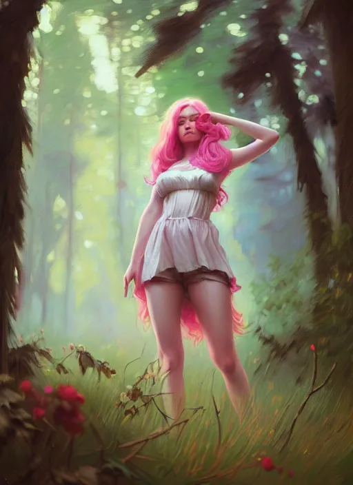 Image similar to whimsical young woman, beautiful girl, full body, pink hair, in a forest, realistic, serov, surikov, vasnetsov, repin, kramskoi, insanely detailed, charlie bowater, tom bagshaw, high resolution, octane rendered, unreal engine, illustration, trending on artstation, masterpiece, 8 k