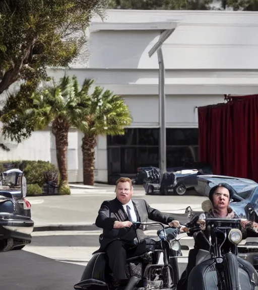 Image similar to Andy Richter is dressed in a black suit and a red necktie and riding a motorcycle into a studio lot. The studio lot is filled with Soundstages and movie trailers. It is a bright afternoon and overcast.