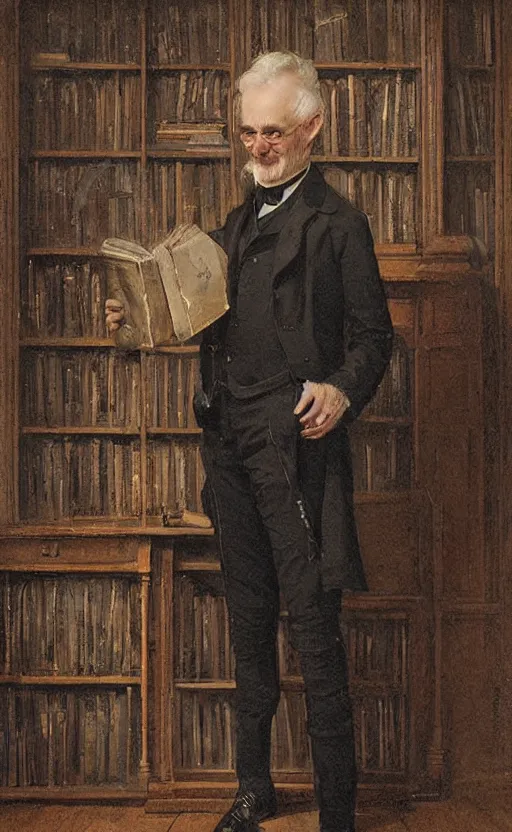 Prompt: official portrait of a happy victorian gentleman in front of a bookcase, male, cheerful, detailed face, 19th century, highly detailed, cinematic lighting, digital art painting by greg rutkowski